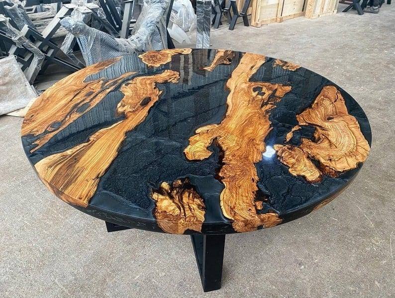 CUSTOM WOOD & BLACK EPOXY COFFEE TABLE, CENTER TABLE WITH IRON LEGS
