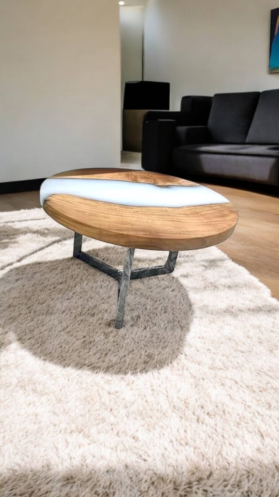 White Epoxy Resin, Live Edge Round Coffe Table Top with Stand