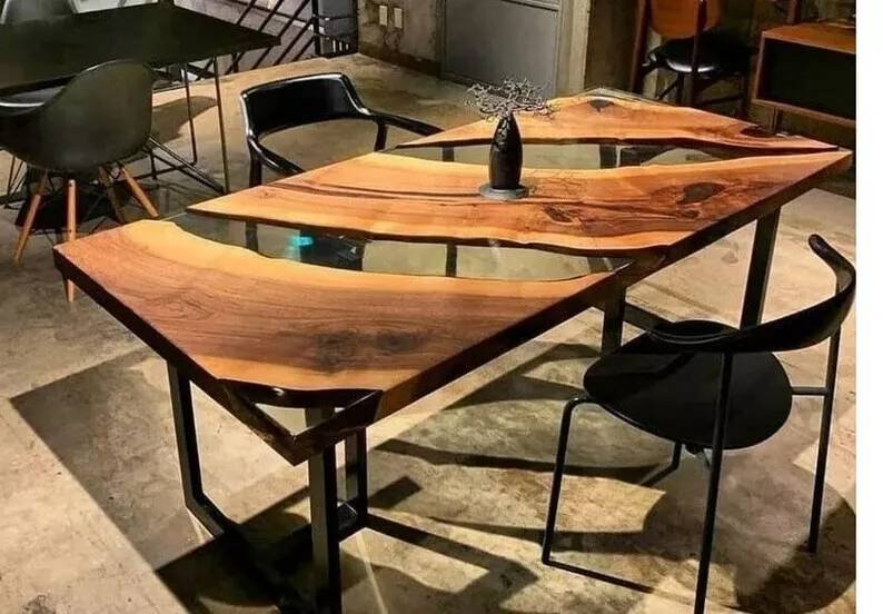 WOOD AND CLEAR EPOXY HANDMADE DINING, CENTER, COFFEE TABLE WITH LEGS