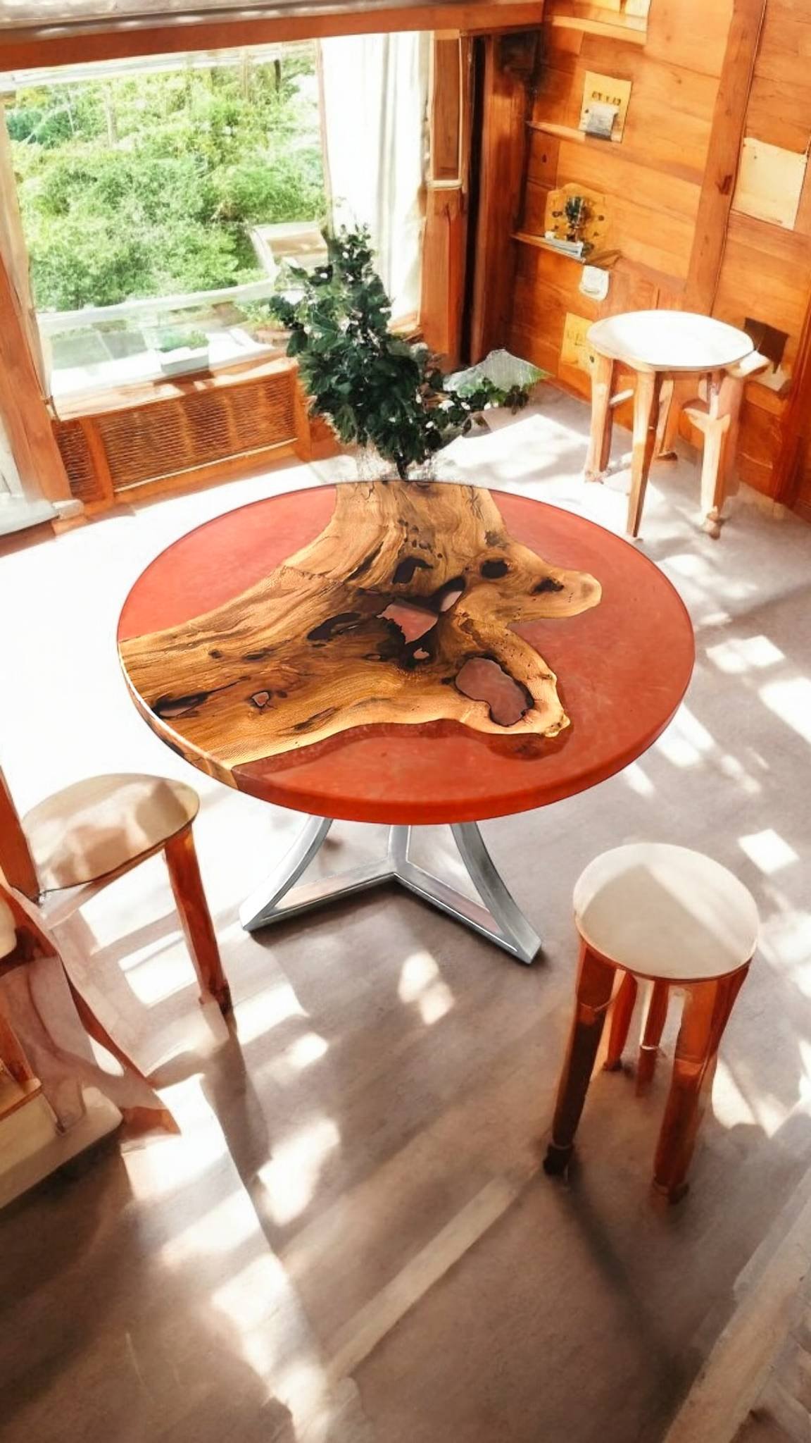 Orange Epoxy Resin, Live Edge Round Coffe Table Top